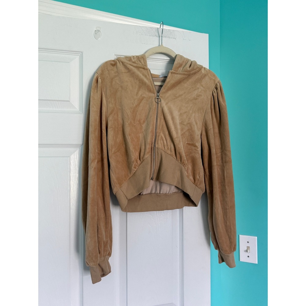 Reflex Velour Cropped Hoodie Tan Camel Puff Sleeve Zip Up Womens L